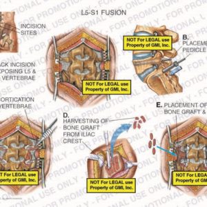 The exhibit illustrates L5-S1 fusion of lumbar spine showing incision sites, back incision exposing L5 and S1 vertabrae, placement of pedicle screws, decortication of vertebrae, harvesting of bone graft from iliac crest, and placement of bone graft and rods.