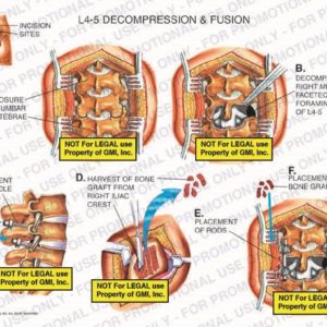 The exhibit illustrates decompression and fusion of lumbar spine showing exposure of lumbar vertabrae, decompression, right medial facetectomy and foraminotomies of L4-5, placement of pedicle screws, harvest of bone graft from right iliac crest, and placement of rods and bone graft.