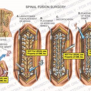 The exhibit illustrates spinal fusion surgery showing incision sites, harvesting of bone graft, laminotomies for placement of hooks, placement of rods and wires, decortication, and placement of bone graft.