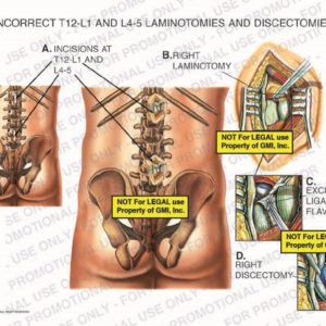 The exhibit illustrates incorrect T12-L1 and L4-5 laminotomies and discectomies showing incisions at T12-L1 and L4-5, right laminotomy, excision of ligamentum flavum, and right discectomy.